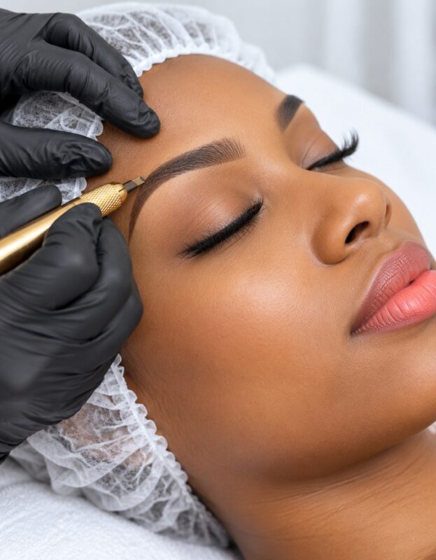Beauty therapist in black gloves performing semi-permanent brow and lash treatment on a client lying on a treatment bed
