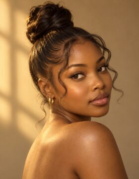 Black South African woman with a freshly styled high top-knot bun and soft wispy fringe, glowing skin, looking over her
