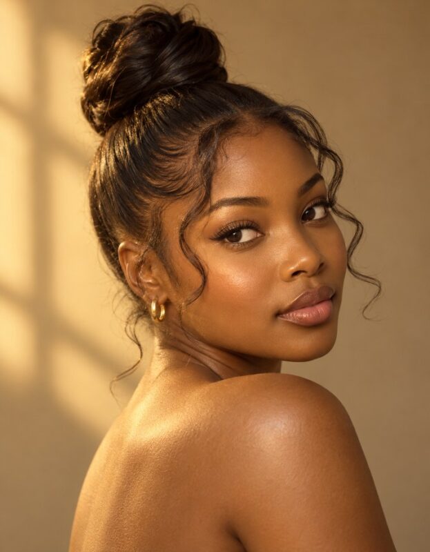Black South African woman with a freshly styled high top-knot bun and soft wispy fringe, glowing skin, looking over her
