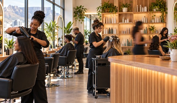 Busy bright hair and beauty salon interior with stylists and clients, South Africa