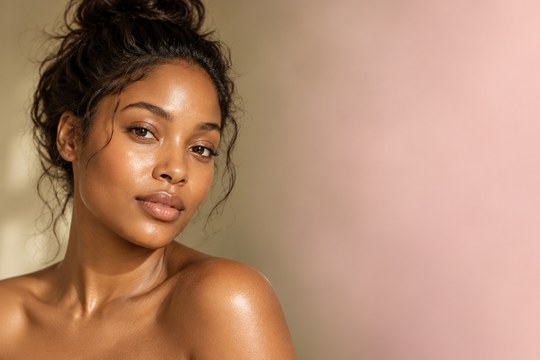 Close-up beauty portrait of a young South African woman with glowing skin and hair in a top bun, on a warm neutral studi