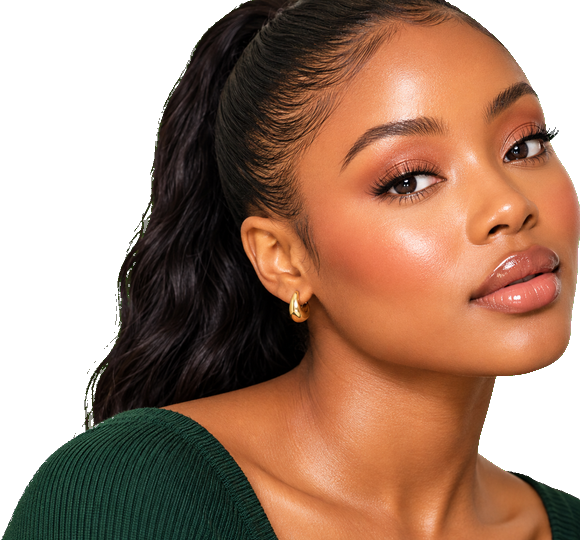 Close-up beauty portrait of a young woman with glowing skin and glossy lips, hair tied back, slim hoop earring