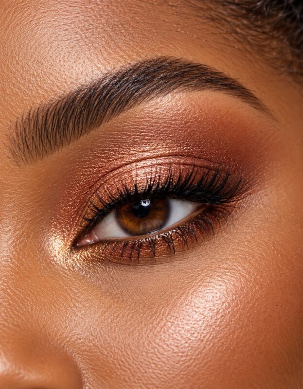 Extreme macro close-up of a woman's eye with copper bronze shimmer eyeshadow and defined lashes, showcasing a finished m