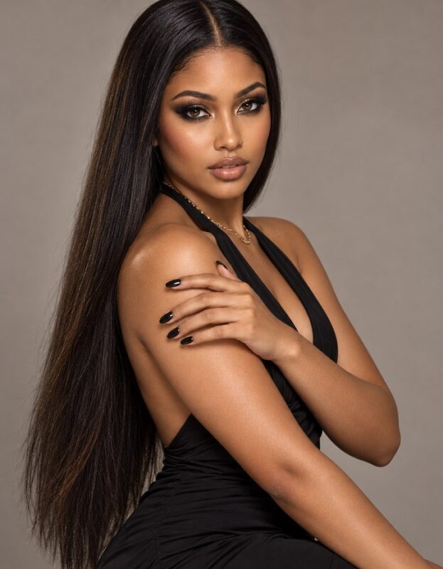 Glamorous South African woman with sleek straight centre-parted hair, smoky eye makeup and dark nails, posed hand on sho