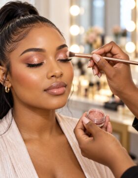 Makeup artist applying shimmer eyeshadow with a rose-gold brush to a client's closed eye in a salon, holding a pot of pi