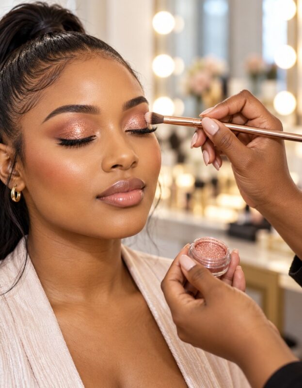 Makeup artist applying shimmer eyeshadow with a rose-gold brush to a client's closed eye in a salon, holding a pot of pi