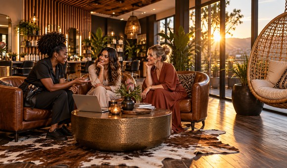Salon lounge where a stylist consults with two clients on a sofa, warm and relaxed