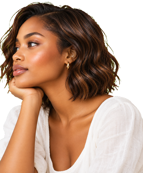 Side-profile beauty portrait of a woman with a tousled wavy bob, hand resting on chin, healthy glossy hair