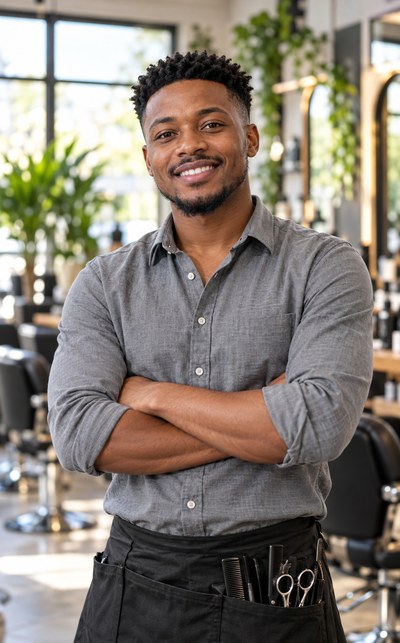 Smiling Black South African male barber-stylist with arms crossed in a bright salon