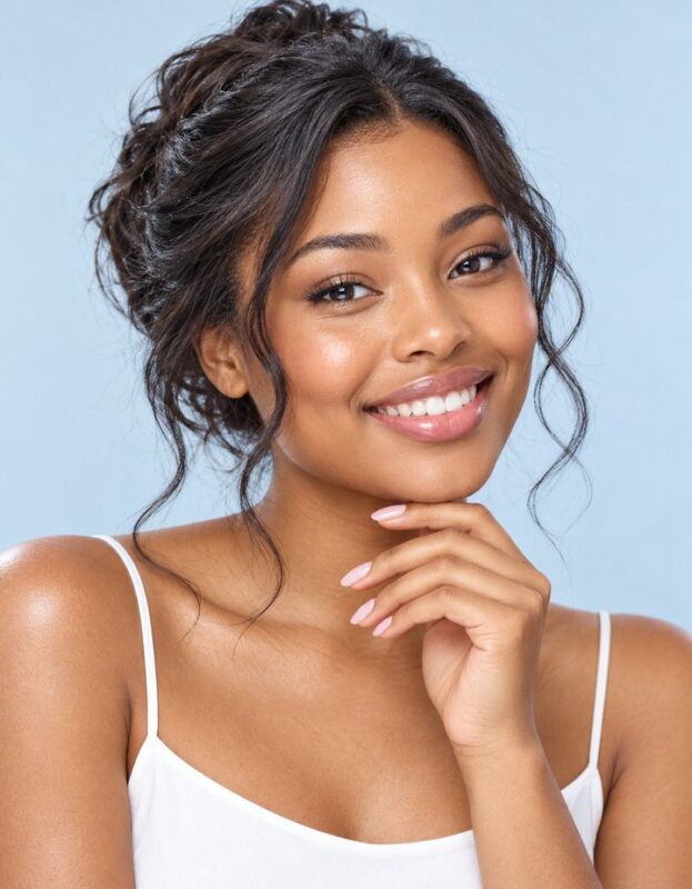 Smiling South African woman of colour with a soft loose updo, radiant skin and a fresh pale-pink manicure, hand touching