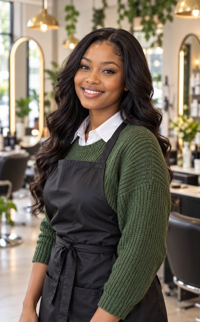 Smiling young South African woman stylist in a bright salon, long dark hair, relaxed pose
