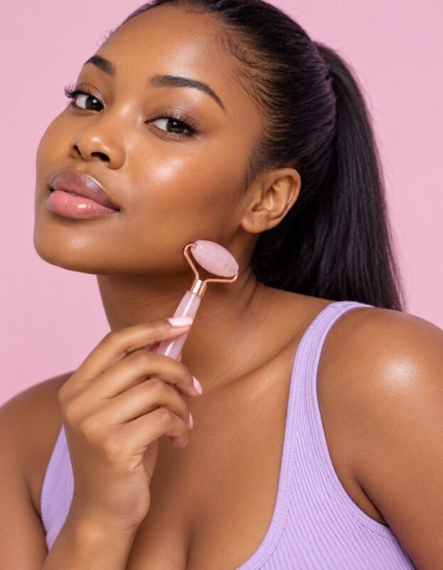 South African woman at a salon booking a stylist, relaxed and unhurried, getting a facial roller treatment on her jawlin