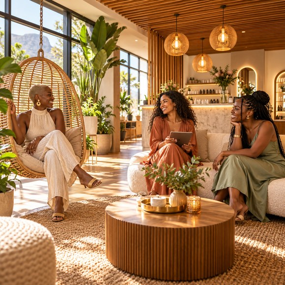 Three South African women relaxing and chatting in a stylish beauty salon lounge area