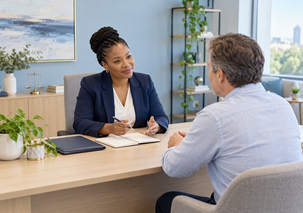 Two people in a first legal consultation: a South African attorney and a client talking across a desk, with an open note