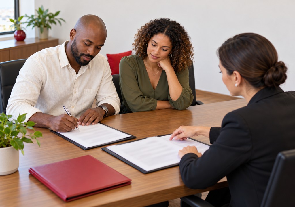 A South African couple sitting with a lawyer at a table, calmly signing a divorce settlement agreement