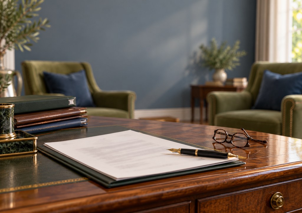 A will document with a pen and reading glasses on a desk, being reviewed in a lawyer's office