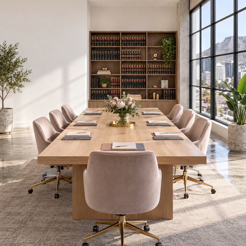 Bright modern South African law firm meeting room with a conference table and leather chairs, ready for a contract revie