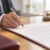 Close-up of a lawyer's hand signing a commercial lease agreement with a silver fountain pen