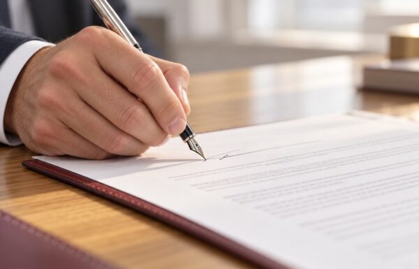 Close-up of a lawyer's hand signing a commercial lease agreement with a silver fountain pen