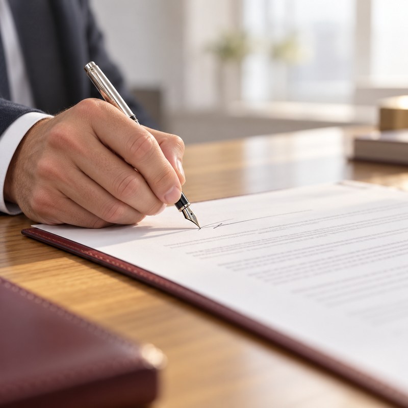 Close-up of a lawyer's hand signing a commercial lease agreement with a silver fountain pen