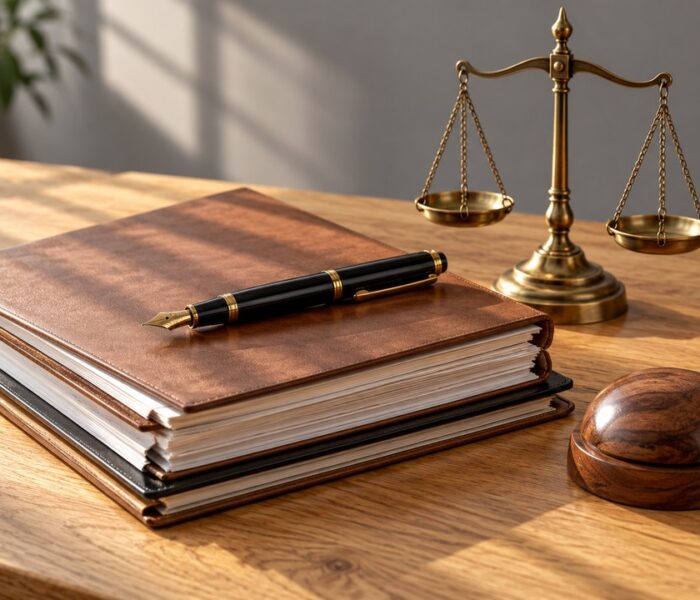 Close-up of a legal document, fountain pen and brass scales of justice on a wooden desk
