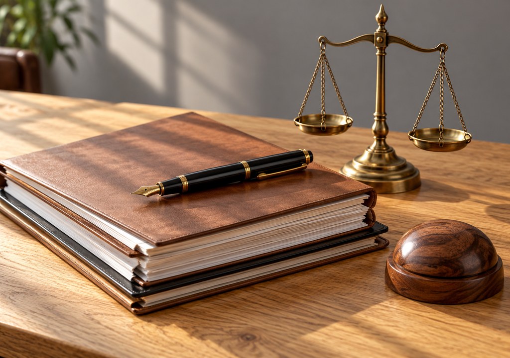 Close-up of a legal document, fountain pen and brass scales of justice on a wooden desk