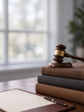 Close-up of a wooden gavel and blank legal pad with pen on a stack of law books, divorce and parenting plan