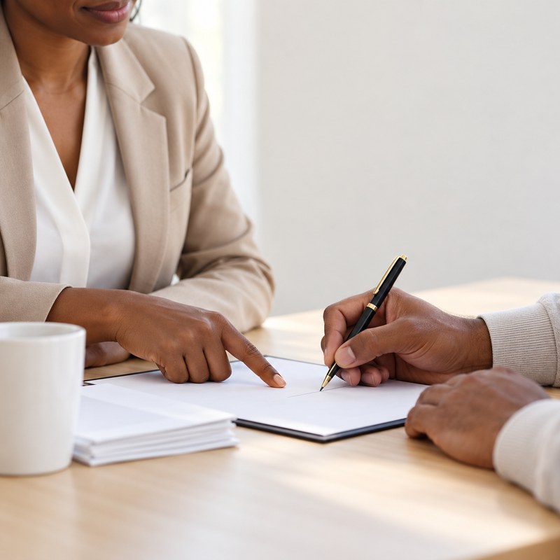 Close-up of two people's hands signing a lease agreement at a table, one handing over a pen