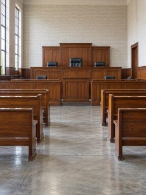 Empty South African courtroom interior with wooden benches and bench for the magistrate