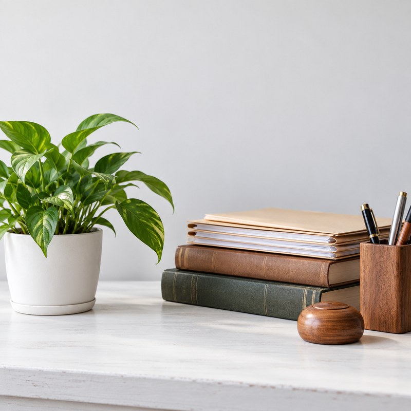 Law books, wooden pen holder and a sheaf of legal files on an attorney's desk beside a small potted plant