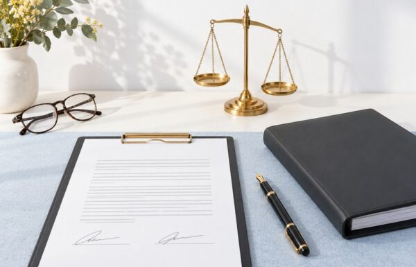 Neatly arranged desk still life of a signed commercial contract, pen and folder, representing a lease or agreement revie