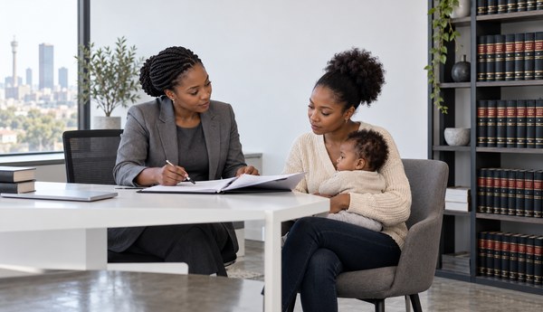 South African family law consultation: attorney and a mother reviewing child maintenance papers at a desk