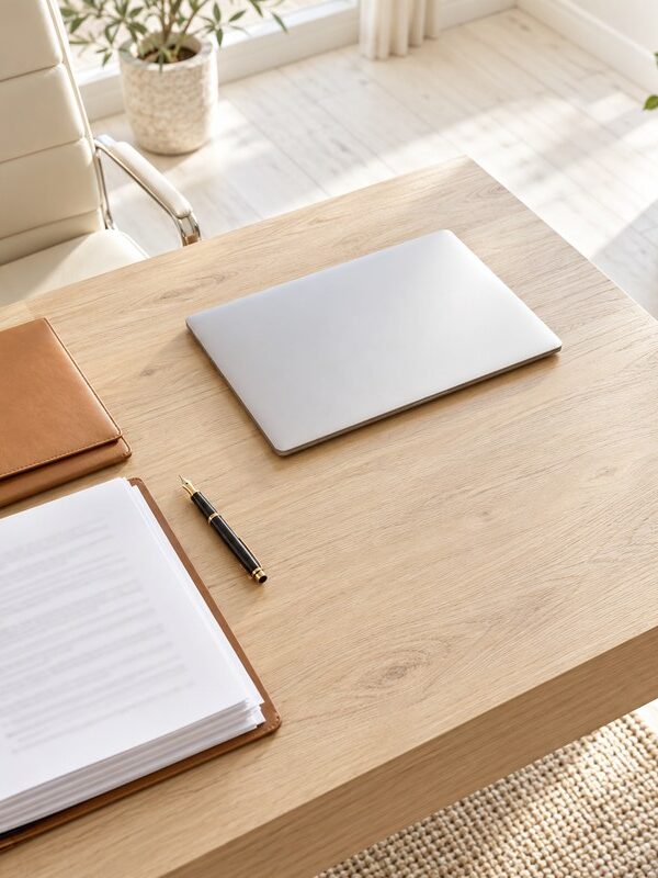 Tidy lawyer's desk seen from above with a contract folder, a closed laptop and a leather document organiser