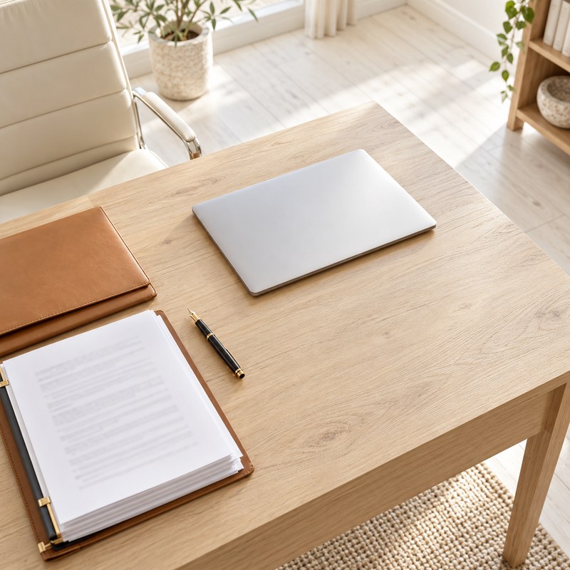 Tidy lawyer's desk seen from above with a contract folder, a closed laptop and a leather document organiser