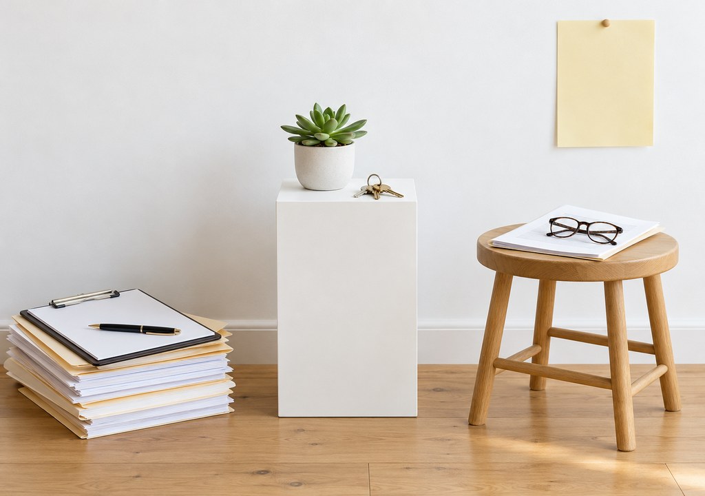 Tidy styled arrangement of a lease agreement, pen, keys and a small potted plant on a pale wooden floor against a white