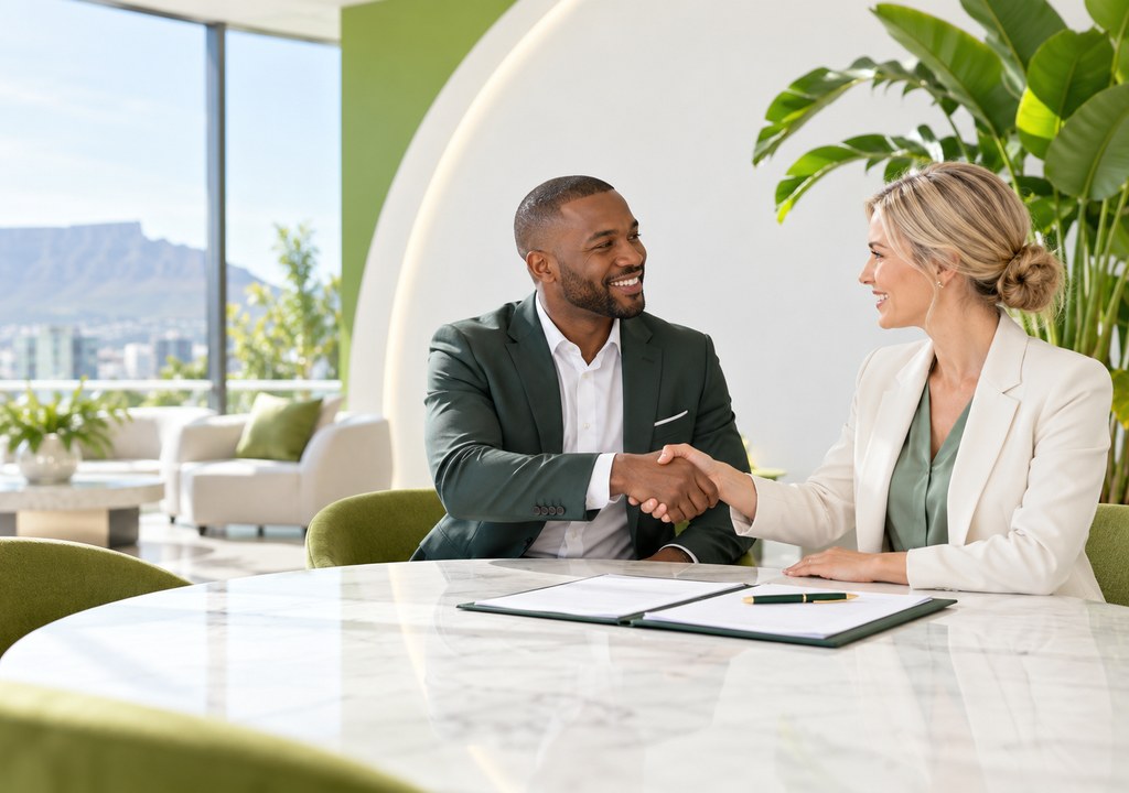 Two South African business partners shaking hands over a signed partnership agreement in a modern office