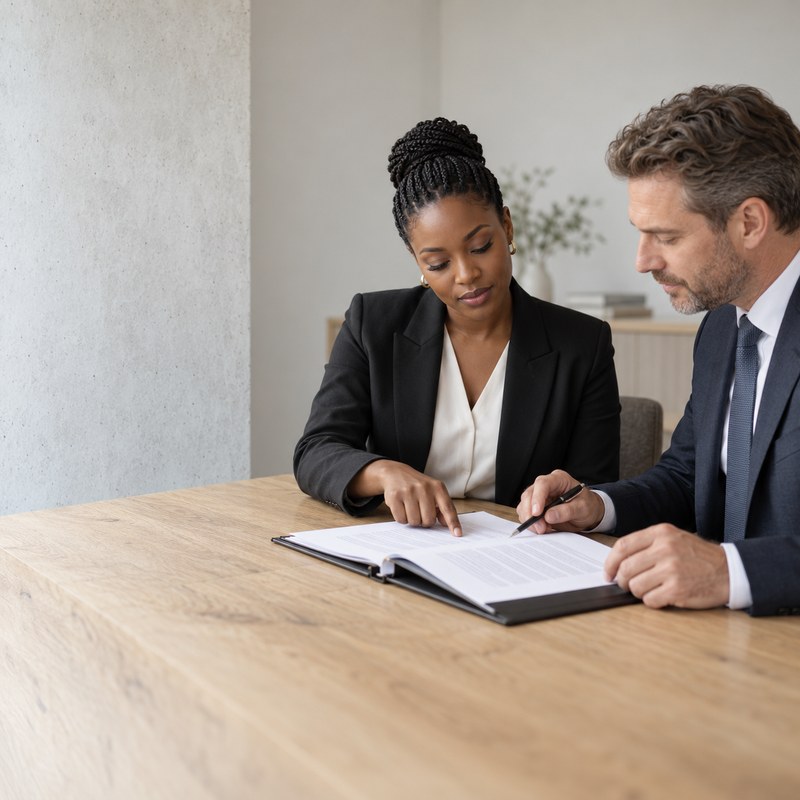 Two South African lawyers reviewing a shareholder agreement together in a bright meeting room