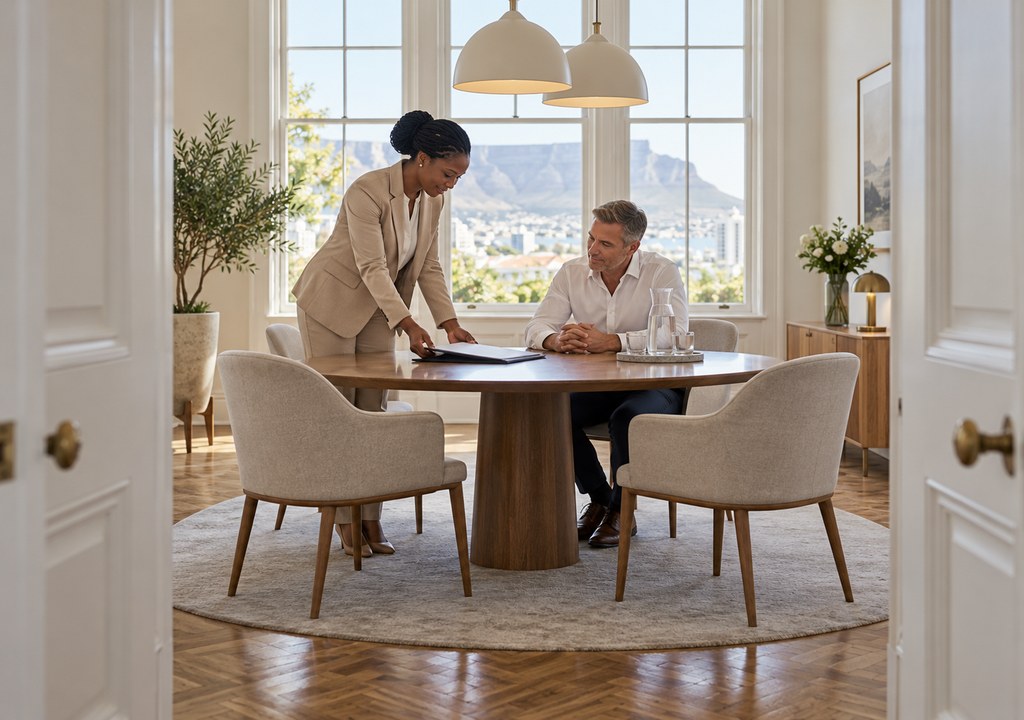 Two South African professionals, a woman and a man, sitting across a table in a bright office discussing papers, for div
