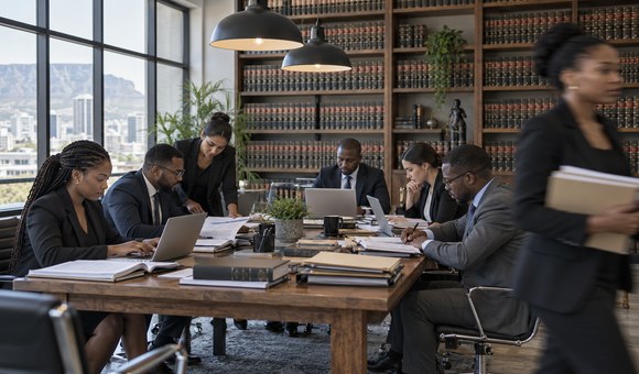 Busy South African law firm team working at a large table in a library-style office
