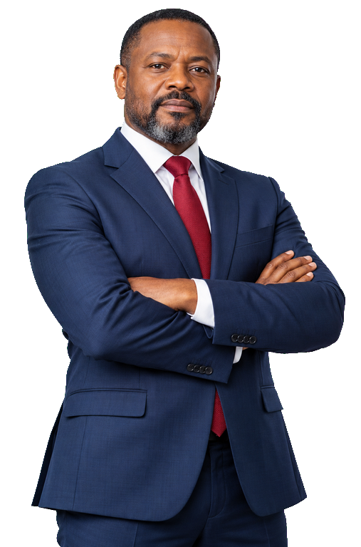 Confident South African male attorney in a navy suit with arms crossed