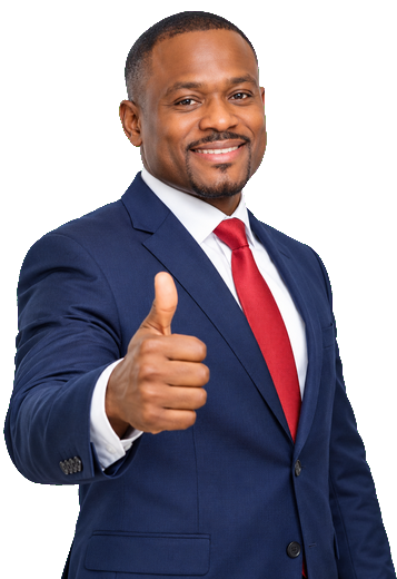 Confident South African male attorney in navy suit giving a thumbs up