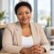 Smiling Black South African businesswoman in her 40s, client testimonial headshot