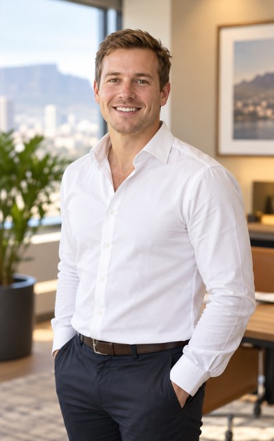 Smiling young white South African male attorney in a white dress shirt in a bright law office