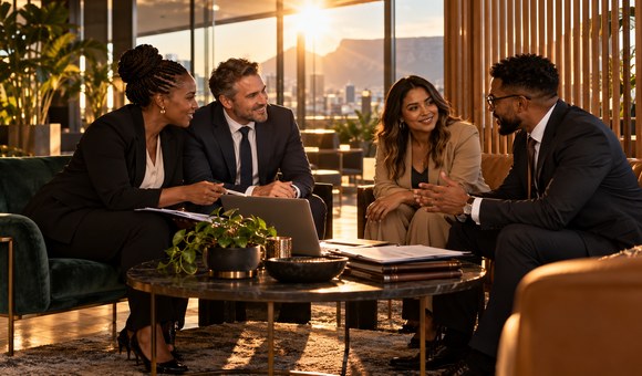 Three South African attorneys in a client consultation in a modern law firm lounge