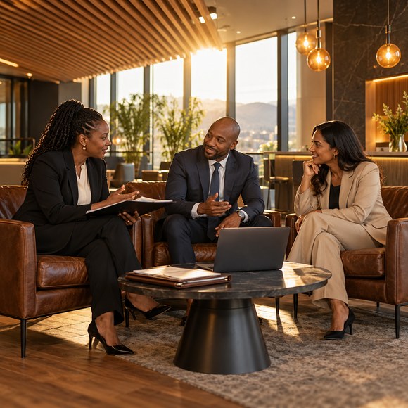 Three South African attorneys in a client meeting in a modern law firm lounge, reviewing a document on a laptop