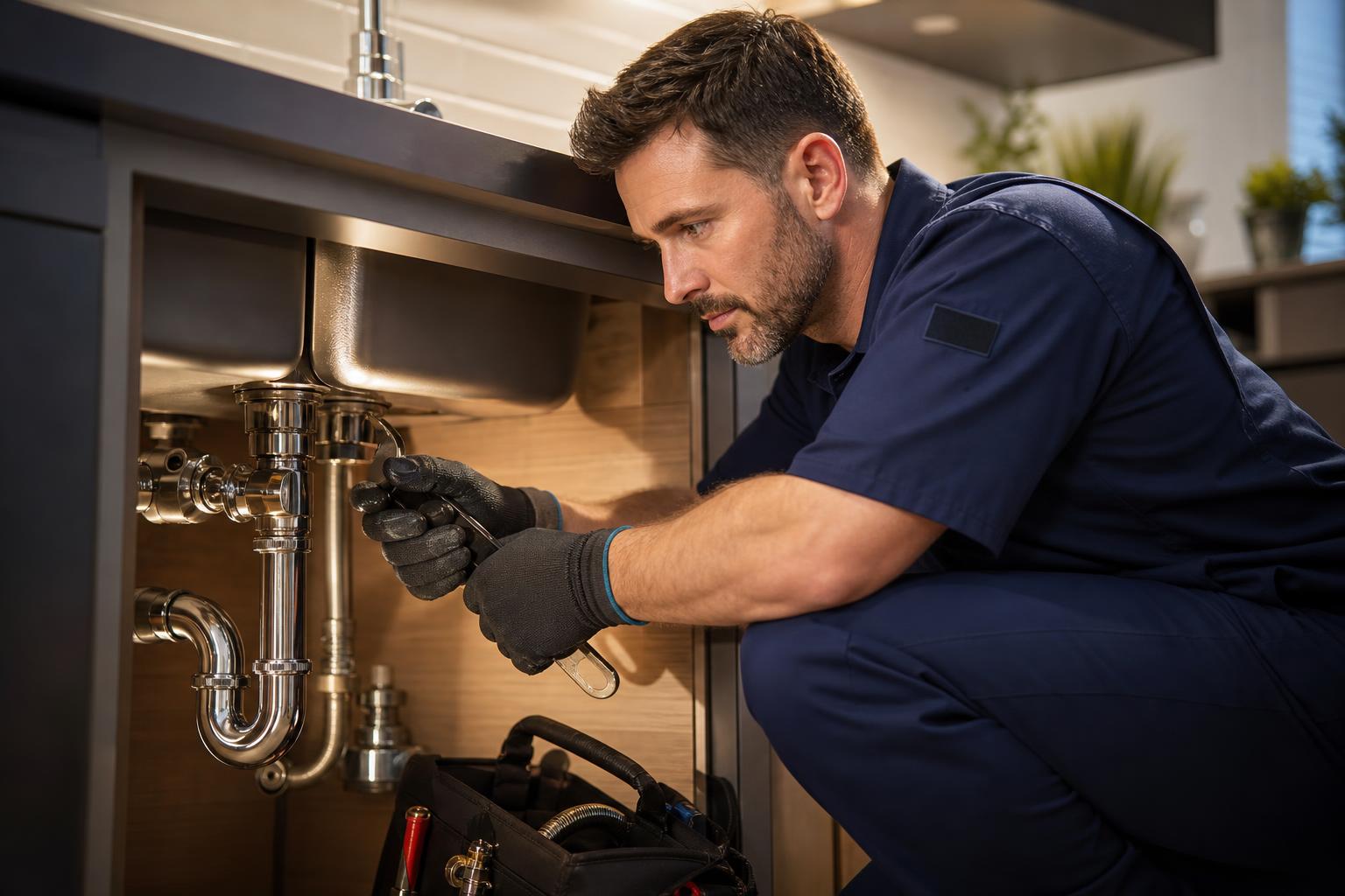A Cape Rapid plumber tightening a copper fitting under a kitchen sink