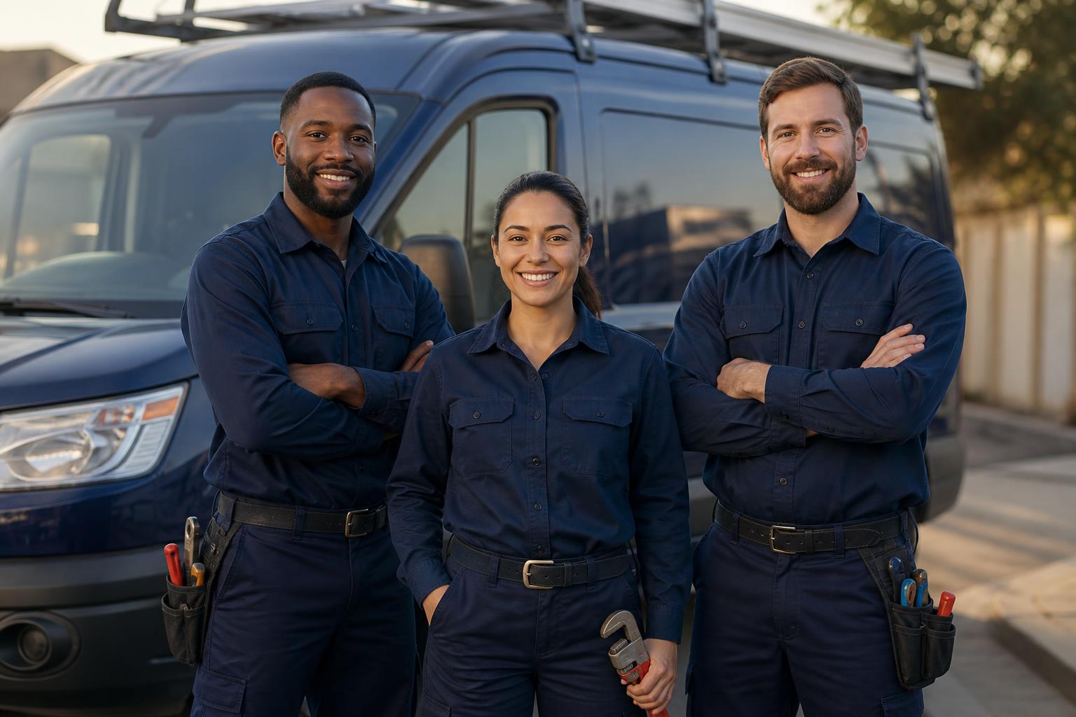 The Cape Rapid Plumbing crew in branded shirts in front of the vans