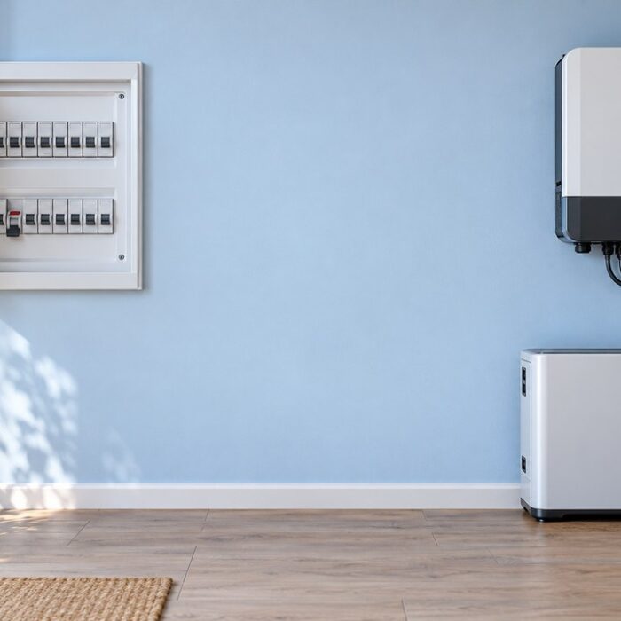 an open residential electrical distribution board with one tripped breaker beside a generic solar inverter and backup ba