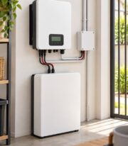 5kW single phase hybrid inverter installed with home battery and solar cabling in a bright South African utility area