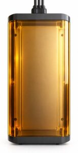 A close vertical studio photo of an amber-tinted lithium solar battery module with visible casing depth
